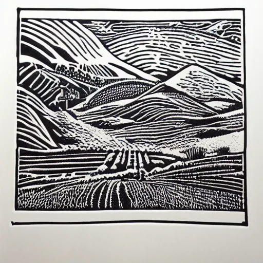 Prompt: intricate, detailed, Linocut Art on paper of fields of wheat and canadian mountains. Epic Latin American Linocut. Art by leopoldo mendez