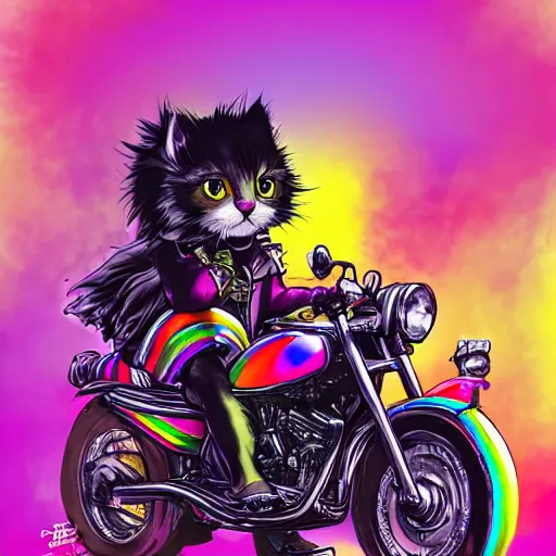 Image similar to wide angle full body, jacket wearing fluffy cute rainbow kitten wearing a black leather motorcycle jacket, riding on a motorcycle, cinematic concept art