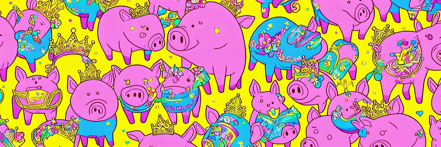 Image similar to illustration of cute pigs wearing gold crowns and rainbows digital art wallpaper by lisa frank, intricate illustration