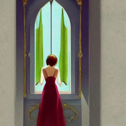 Prompt: a woman in an open dress royal dress looking out a castle window, ArtStation trending, detailed, digital art, calm colors,