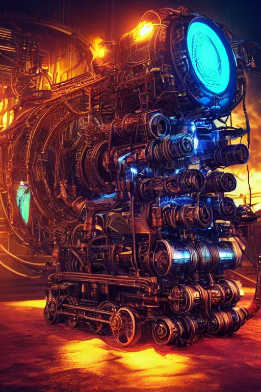 Prompt: a movie poster, movie is called tripmachine, photo of a huge futuristic steampunk generator inside a steampunk machinery, 8 k, fluorescent colors, halluzinogenic, multicolored, exaggerated detailed, 3 d render, octane