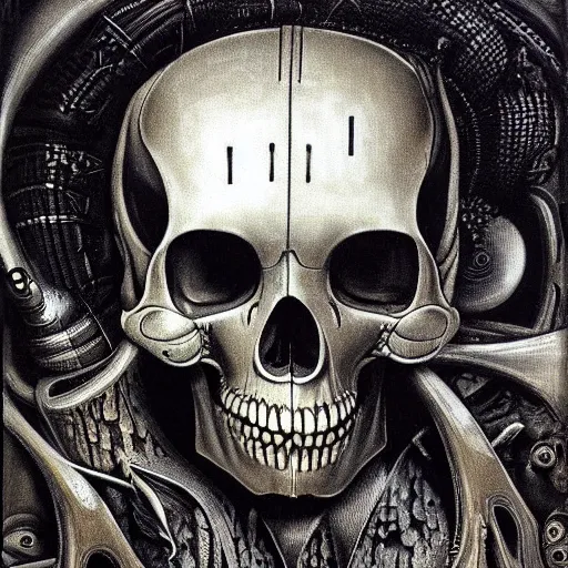 Prompt: Cybernetic skull by H R Giger