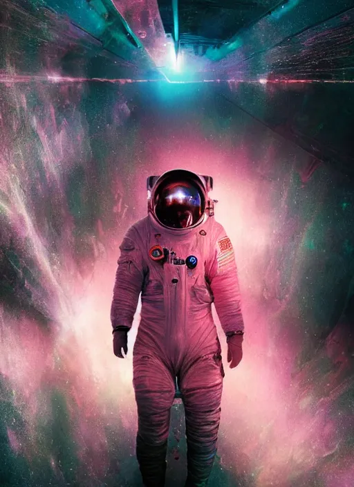 Image similar to complex poster by craig mullins astronaut in futuristic dark and empty spaceship underwater. infrared glowing lights. complex and hyperdetailed technical pink suit. reflection and dispersion materials. rays and dispersion of light. volumetric light. 5 0 mm, f / 3 2. noise film photo. lens flare. flash photography. unreal engine 4, octane render. interstellar movie art