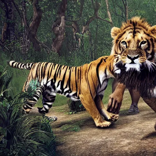 Image similar to a photo realistic photo of a lion, tiger and bear chasing a hunter through the jungle