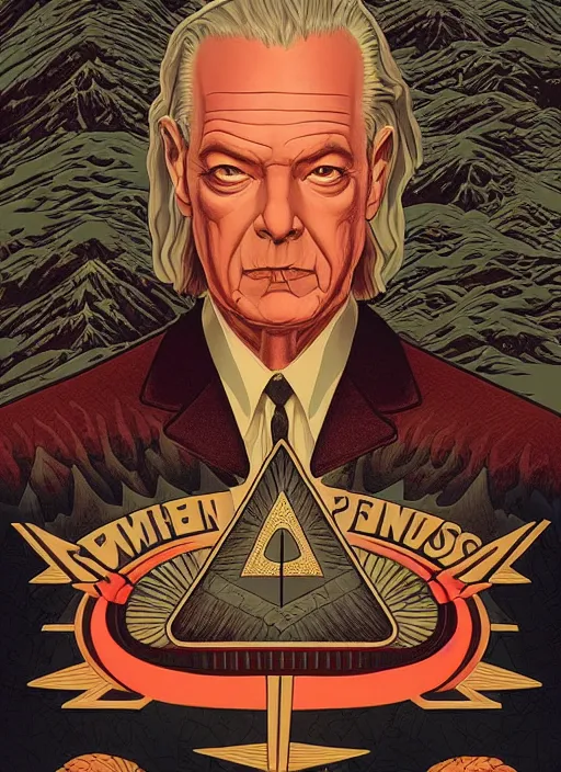 Image similar to Twin Peaks movie poster artwork by Michael Whelan and Tomer Hanuka, Rendering of masonic and kabalistic symbols, from a scene from Twin Peaks, clean, full of detail, Matte painting, trending on artstation and unreal engine