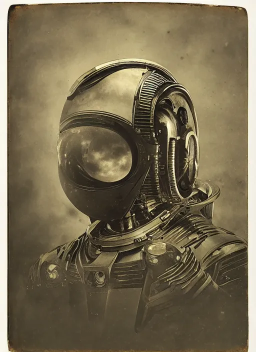 Image similar to old wetplate daguerreotype portrait of a futuristic space astronaut cyborg striking a model pose, fractal, intricate, elegant, highly detailed, parallax, leica, medium format, subsurface scattering, by jheronimus bosch and greg rutkowski and louis jacques mande daguerre