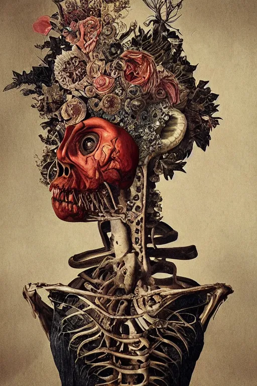 Image similar to Detailed maximalist portrait with large lips and eyes, scared, botanical skeletal with extra flesh, HD mixed media, 3D collage, highly detailed and intricate, surreal illustration in the style of Caravaggio, dark art, baroque