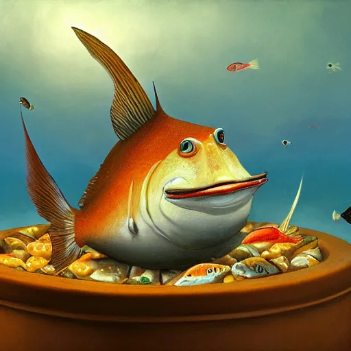 Image similar to a worried fish sitting on the top of a pile of fish, all the fish are inside a cooking pot, side view, by vladimir kush, dystopian art, rococo