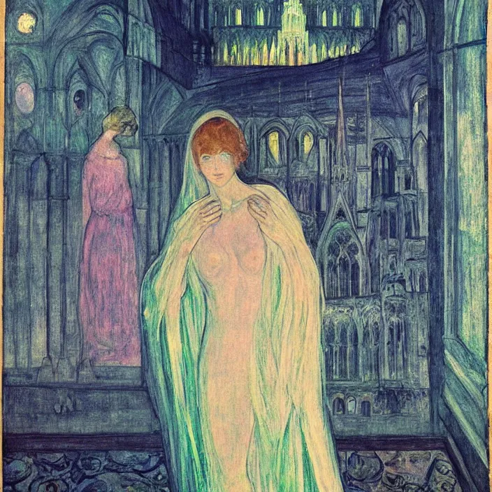 Prompt: woman in transparent vaporous night gown with demonic luminescent white apparition, with city with gothic cathedral seen from a window frame with curtains. night, vivid iridescent psychedelic colors, lamps. fra angelico, munch, egon schiele, henri de toulouse - lautrec, utamaro, monet, agnes pelton