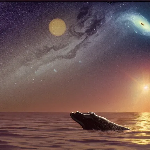 Prompt: a humpback whale floating through space with stars and planets, diffused light, golden ratio, 8 k in style of anna ancher