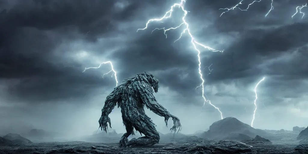 Prompt: monster made of energy in a landscape made of crystal, lightning storm, cinematic, detailed, epic, widescreen, opening, establishing, mattepainting, photorealistic, 4 k, octane render