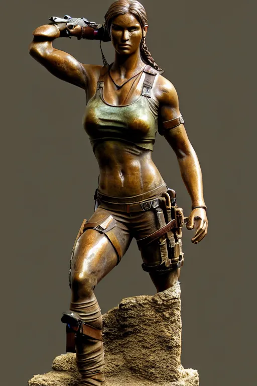 Image similar to detailed studio photo of old bronze patina statue lara croft, full body portrait, various poses, photorealism, intricate detail, museum diffuse lighting