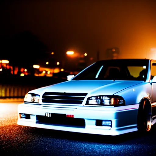 Image similar to a car JZX90 at illegal car meet, Chiba prefecture, city midnight mist lights, cinematic color, photorealistic, highly detailed, 50MM