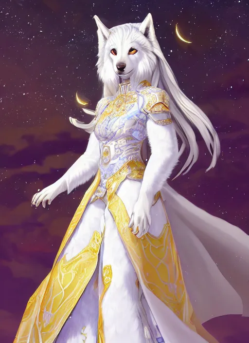 Prompt: commissioned full body portrait of a female anthro wolf princess fursona with white hair wearing a white and gold Chinese armored dress in a white and gold palace on a starry night with a large crescent moon, by a professional manga illustrator, Stanley Artgerm Lau, WLOP, Rossdraws, James Jean, Andrei Riabovitchev, Marc Simonetti, and Sakimichan, trending on artstation