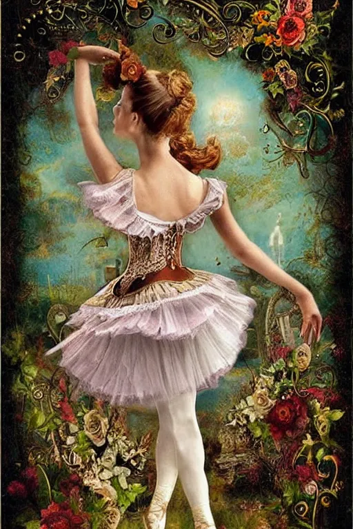 Image similar to beautiful digital oil vintage greeting card steampunk style ballerina key in back by Arthur Hughes