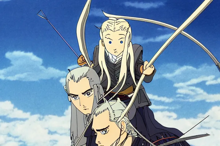 Image similar to legolas in the anime lord of the rings by studio ghibli, movie still frame, very detailed, artwork by hayao miyazaki, kentaro miura, satoshi kon, high quality, sharp image, high resolution, hd, 7 2 0 p, 4 k