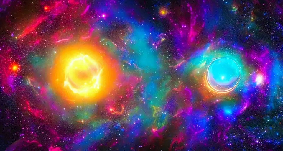 Image similar to a cosmic portal to the gigantic mystic colorful robotic being in the middle of the universe, stylized, 8k, cinematic, hyper-detailed, imax quality