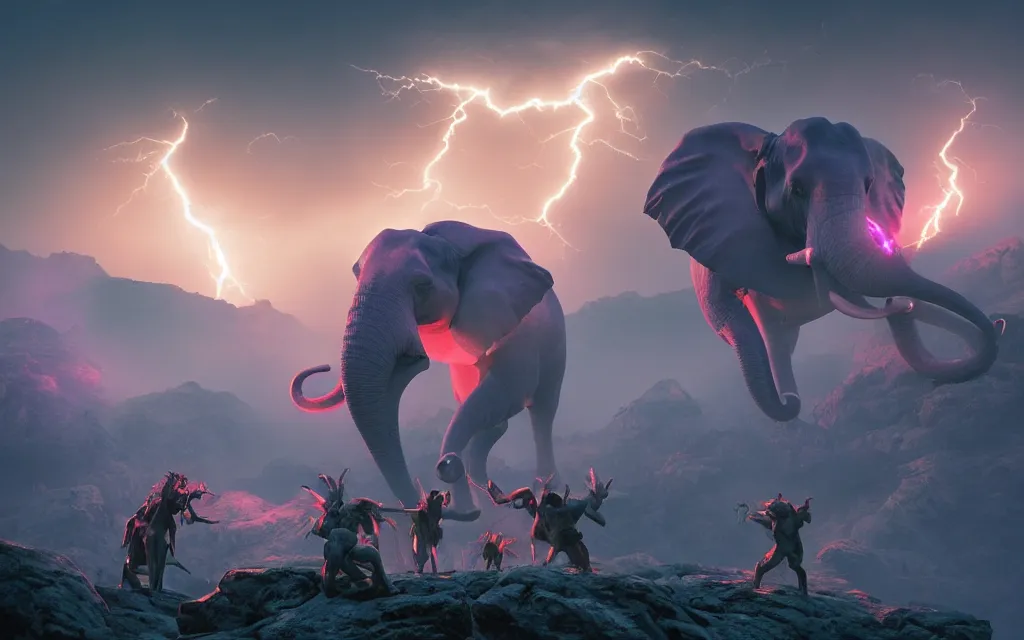 Image similar to a crowd of small blue necromancers summoning a giantic pink antropomorphic cyborg elephant lying on top of a rock, twilight lightning, montains in the background, volumetric fog, realitistic, high contrast, ultra detailed, 8 k render, cycles render engine, volumetric fog