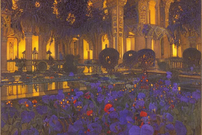 Image similar to beautiful garden at twilight by Annie Swynnerton and Nicholas Roerich and jean delville, glowing paper lanterns, strong dramatic cinematic lighting , ornate tiled architecture, lost civilizations, smooth, sharp focus, extremely detailed