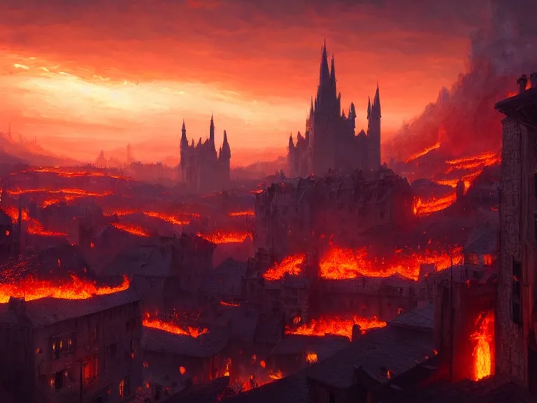 Prompt: medieval cities on fire, lord of the rings, game of thrones, unreal 5, cinematic, 8 k, unreal engine, beautiful, smoothly, sunset, concept art, artstation, by wlop, by greg rutkowski, oil painting