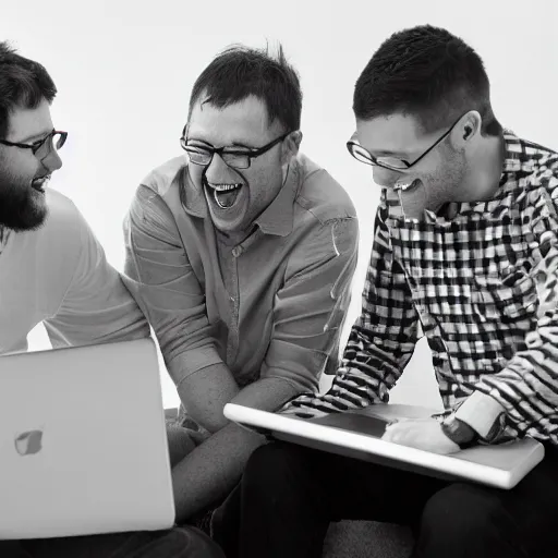 Prompt: several guys looking at a laptop screen laughing, colour photograph, studio light 35mm