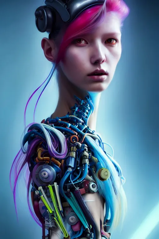 Image similar to a half body image of a beautiful young 28th century super cool post-human female wiht long colorful hair, barely human and largely biomechanical machine, hyper-realistic cyberpunk style, designs by Peter Mohrbacher Takayuki Takeya moody, face by Yanjun Cheng, Irakli Nadar, models by 500px, dramatic cinematic lighting rendered by octane, 8k, detailed, intricate, clean and textures, trending on artstation, deviantart google images, pinterest