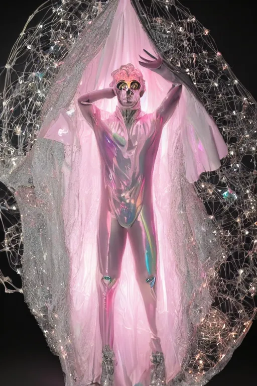 Prompt: full-body rococo and cyberpunk delicate crystalline sculpture of a muscular iridescent slender Spanish male as a humanoid deity wearing a thin see-through ((plastic hooded cloak)) sim roupa, reclining con las piernas abiertas, glowing pink face, crown of white lasers, large diamonds, swirling black silk fabric. futuristic elements. oozing glowing liquid, full-length view. space robots. human skulls. throne made of bones, intricate artwork by caravaggio. Trending on artstation, octane render, cinematic lighting from the right, hyper realism, octane render, 8k, depth of field, 3D