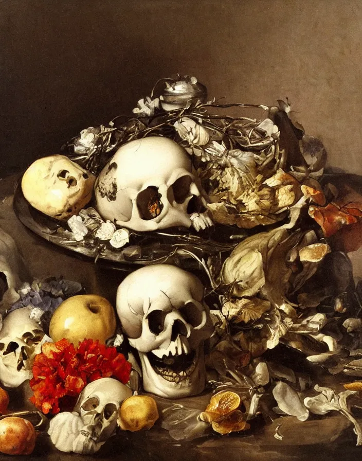 Image similar to beautiful still life oil painting with one skull on a silver platter surrounded by dead flowers and rotten fruit, light from one candle by Diego Velázquez and francisco goya, anatomical, realistic, wet, slimy