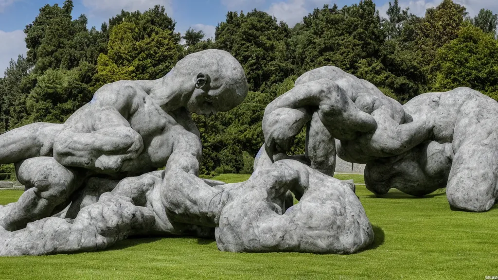 Prompt: a colossal impossible granite sculpture garden by michelangelo and henry moore and david cerny, on a green lawn, distant mountains, 8 k, dslr camera, an enemy's treasure, candy, award winning