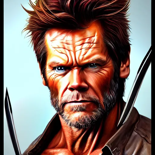 Image similar to Portrait of Kevin Bacon as Wolverine, fantasy, intricate, highly detailed, digital painting, trending on artstation, sharp focus, illustration, style of Stanley Artgerm