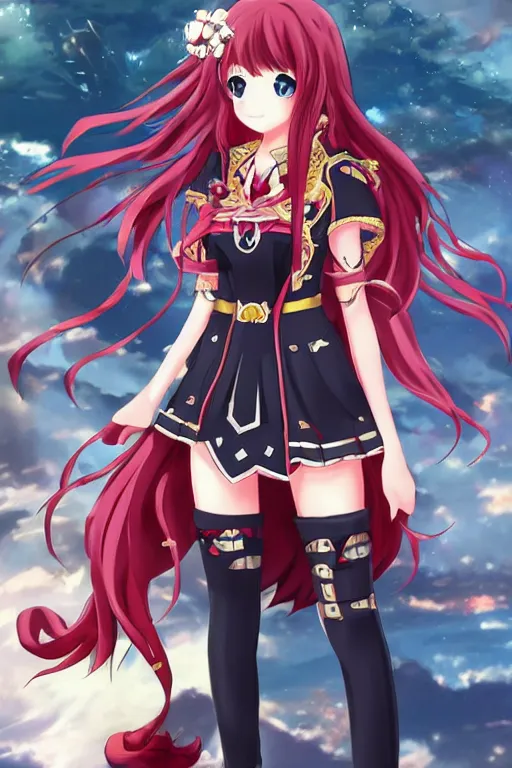 Prompt: attractive anime girl, ruby wavy hair, style in exo heroes mix afk arena, fantasy costume, royal princess