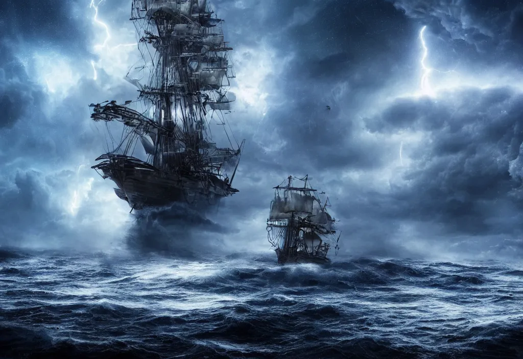 Image similar to photograph of a pirate ship traveling through sea of stars, breathtaking stars, thunderstorm lightning, interstellar, concept art, NASA, 4K, Detailed, HDR