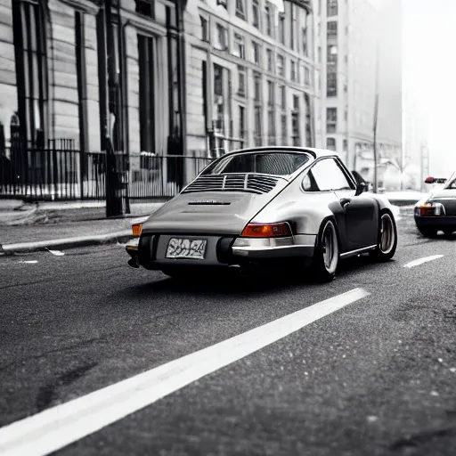 Image similar to photo of a porsche 9 1 1 9 6 4 drifting through nyc, cinematic, motion blur, shallow dof, 3 5 mm, heli shot, macro