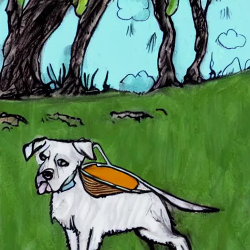 Prompt: un perro en el bosque comiendo en un cuenco, estilo dibujo