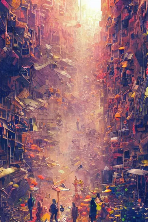 Image similar to people in a busy city people surrounded by 3d graffiti paint dripping down to the floor, hiroshi yoshida, painterly, yoshitaka Amano, artgerm, moebius, loish, painterly, and james jean, illustration, sunset lighting