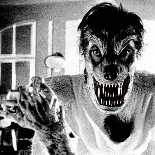 Image similar to film still of a funny looking werewolf extending out his hand, asking for food, in an american werewolf in london