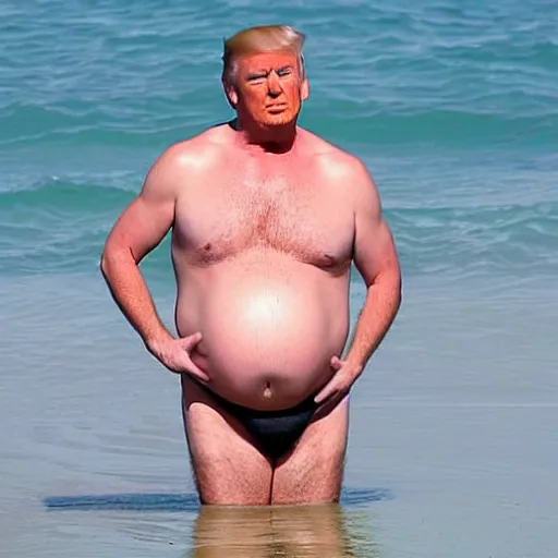 Prompt: Donald trump showing off his large pregnant belly at the beach, he is wearing a Speedo and does not have a shirt on, he is eating a banana