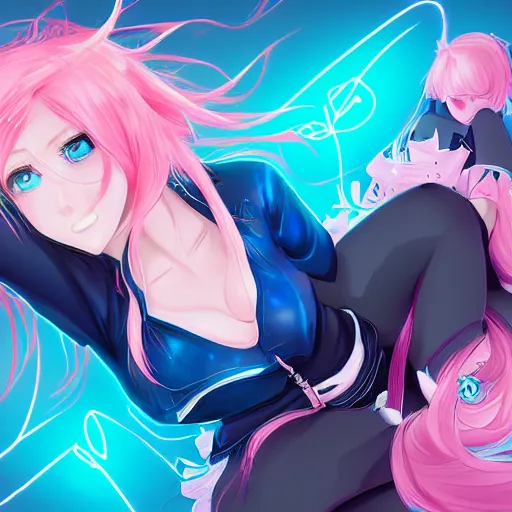 Prompt: digital anime art!!, gamer girl bedroom sleeping desk, azure blue eyes, pink hair, wlop, rossdraws, artgerm, ross tran