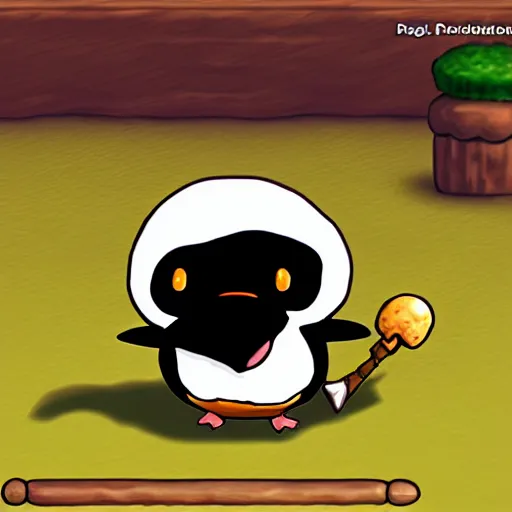 Image similar to a penguin riding a poring from ragnarok online, cartoon, kawaii,