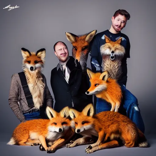 Image similar to photorealistic music album cover, with foxes animals wearing clothes, all looking at camera, studio lighting, award winning photograph, 8 5 mm f / 1. 4