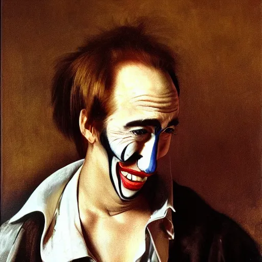 Image similar to detailing character concept portrait of Nicholas Cage acting as a clown by Caravaggio, on simple background, oil painting, middle close up composition, hyper realistic