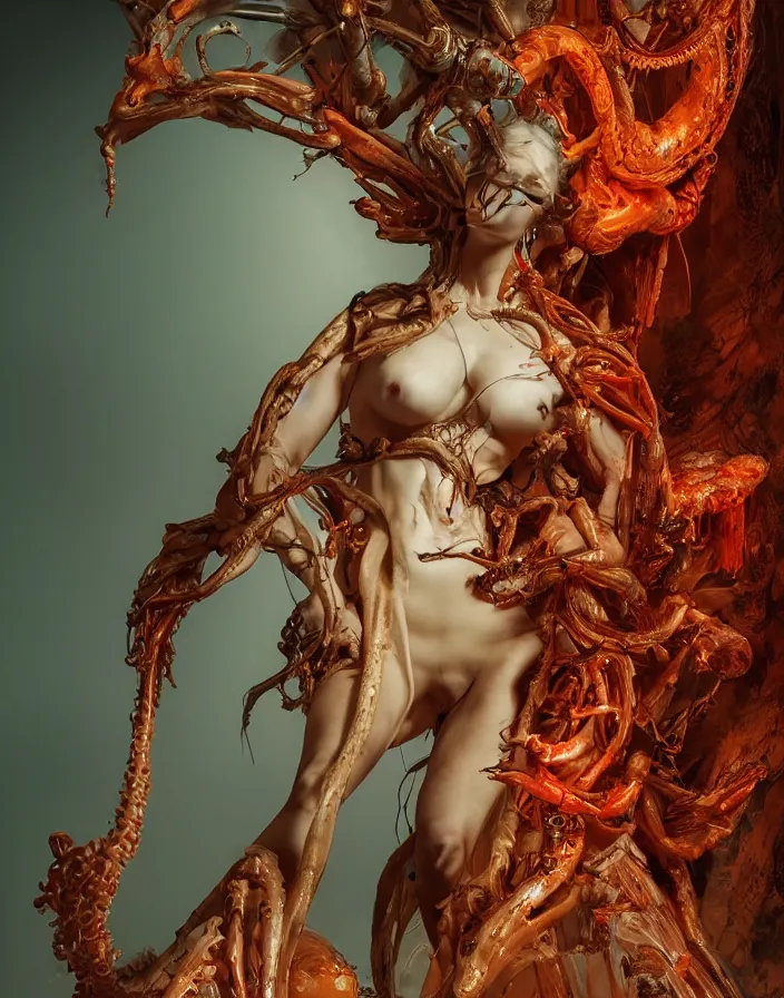 Prompt: biomechanical wear dress of a demon by Roberto Ferri. beautiful woman. vintage bulb. red plastic. baroque elements, human skull, jellyfish, butterfly, phoenix head. burning water. intricate artwork by klimpt. halo. octane render, cinematic, hyper realism, octane render, 8k, depth of field, bokeh. iridescent accents. vibrant. teal and gold and red colour scheme
