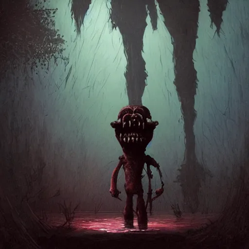 Image similar to creepy ruined abandoned fnaf character, fnaf animatronic rising from the lagoon at night, creepypasta, greg rutkowski, creepy dark beksinski painting, vhs footage, distorted, scary, creepy, haunted photo, really dark, slender, creature of the dark worlds, unsettling image, scp 0 9 6