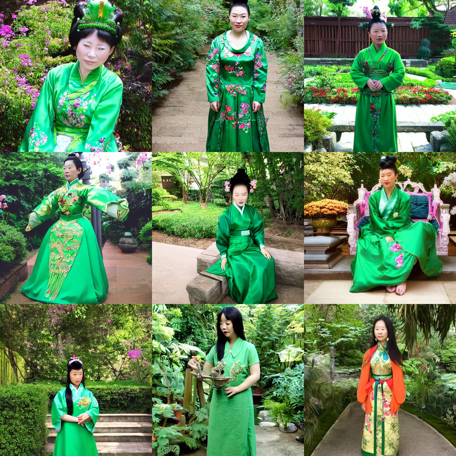 Prompt: a photo of an East Asian Princess wearing a Green dressin the Shany Garden