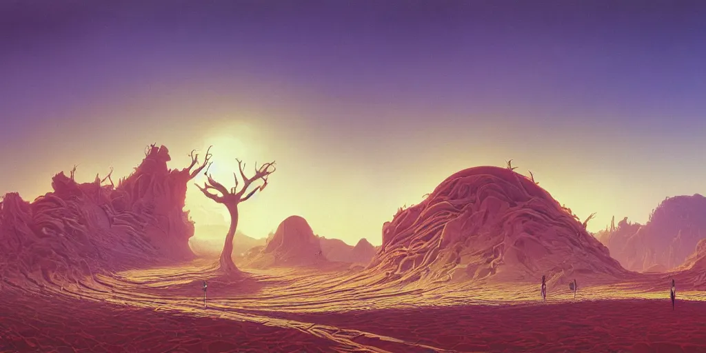 Image similar to the sands of time, a highly detailed cinematic oil painting by roger dean and alena aenami, bones of a colossal creature submerged in sands, dynamic lighting
