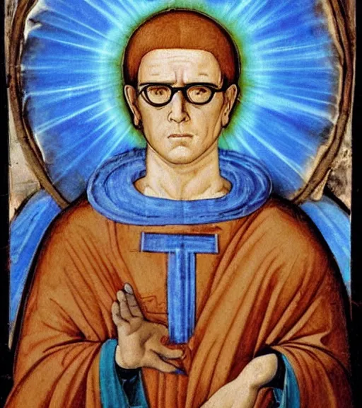 Image similar to hank hill wearing a white toga surrounded by blue fire and blue flames, renaissance religious painting, late gothic religious paintings, byzantine religious art, painting by duccio di buoninsegna and carlo crivelli, trending on artstation