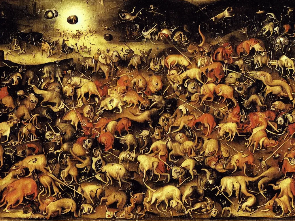 Image similar to dogs in a moshpit at a metal festival jumping and growling at each other, by hieronymus bosch, very wild, cool lighting at sunset, very detailed, concept art