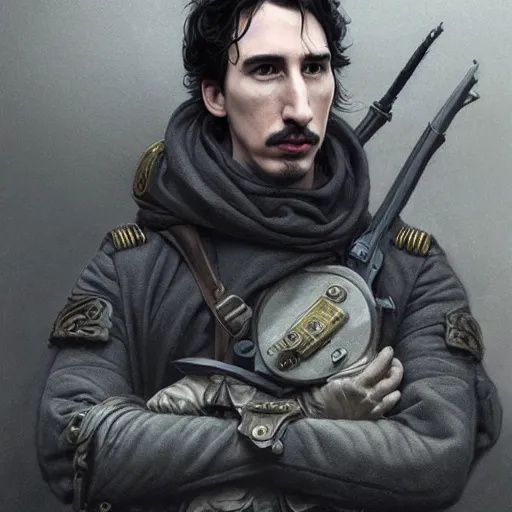 Image similar to portrait of stoic looking john oliver and a stoic looking adam driver, full body, military uniform, fantasy, intricate, elegant, beautiful, highly detailed, charcoal, centered, dark, smokey, digital painting, artstation, concept art, smooth, sharp focus, illustration, art by artgerm and greg rutkowski and alphonse mucha