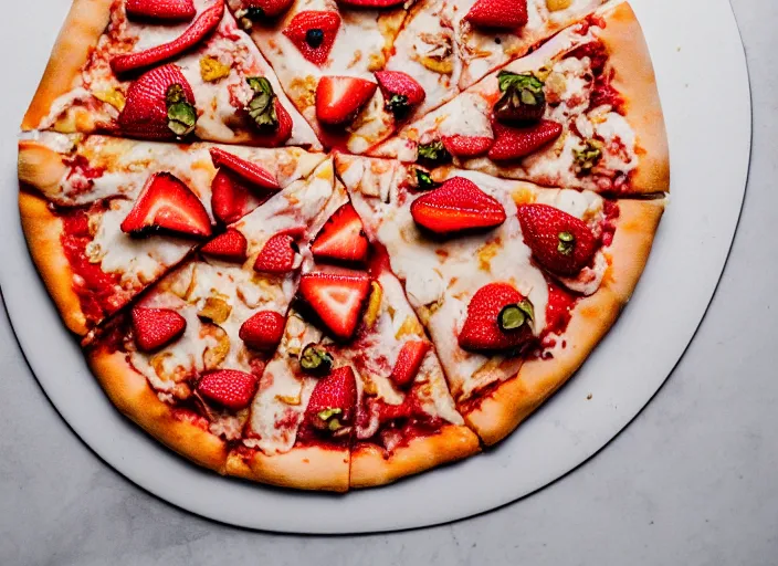 Image similar to A delicious plate of a big pizza with strawberries on, extra cheese, close up food photography, studio lighting, Sigma 35mm f/1.4