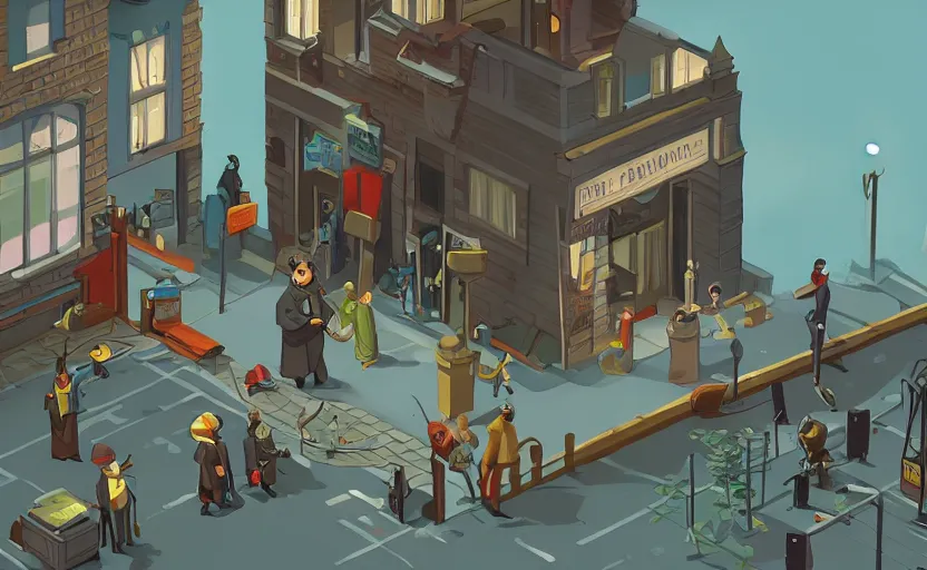 Prompt: townsmen meet a detective to present a new case outside his office building, james gilleard, print, game art